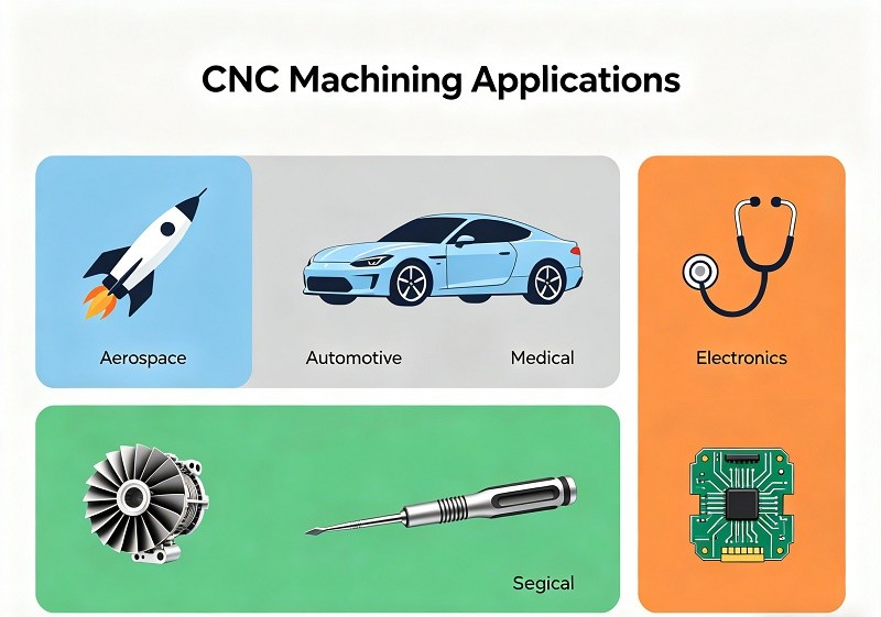 Examples of different surface finishes on metal parts, like anodized, powder coated, and polished