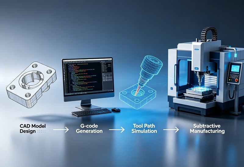 An illustration showing the process from CAD design to a finished CNC machined part