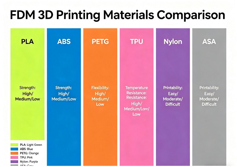 An array of colorful FDM filament spools, including PLA, ABS, PETG, and TPU.