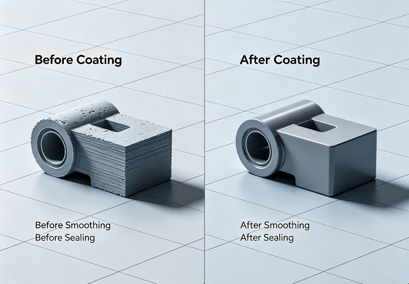 A close-up image showing the difference in surface finish between a raw FDM print, a smooth SLA resin print, and a polished metal print.