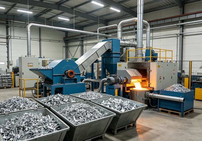 Bins of sorted metal chips for recycling in a CNC workshop