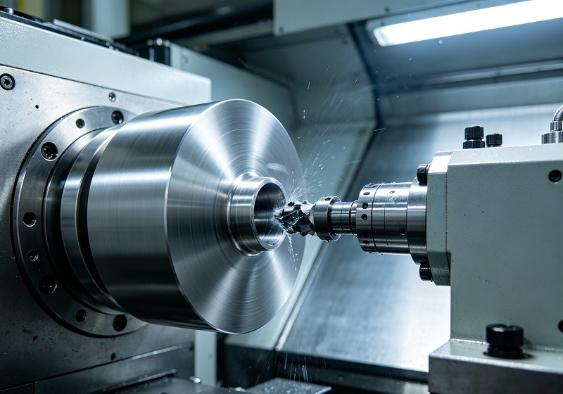 A diagram showing the principle of CNC turning with a rotating workpiece and a stationary cutting tool.