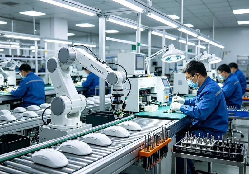 Completed DIY 3D Printed Mouse on Desk A finished custom 3D printed mouse placed proudly on a desk next to a keyboard