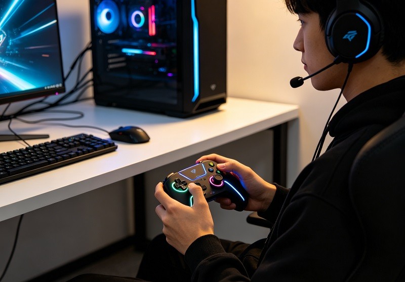 An animated diagram showing how a Hall Effect sensor uses magnets to detect joystick movement without physical contact