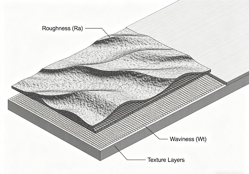 Diagram showing the difference between roughness, waviness, and lay on a machined surface