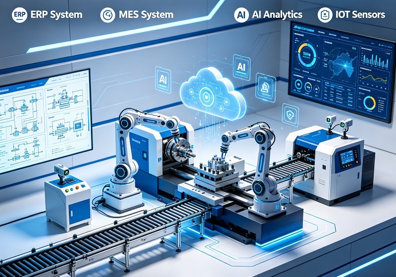 An infographic showing the connection between IoT sensors, AI analysis, and CNC machine performance
