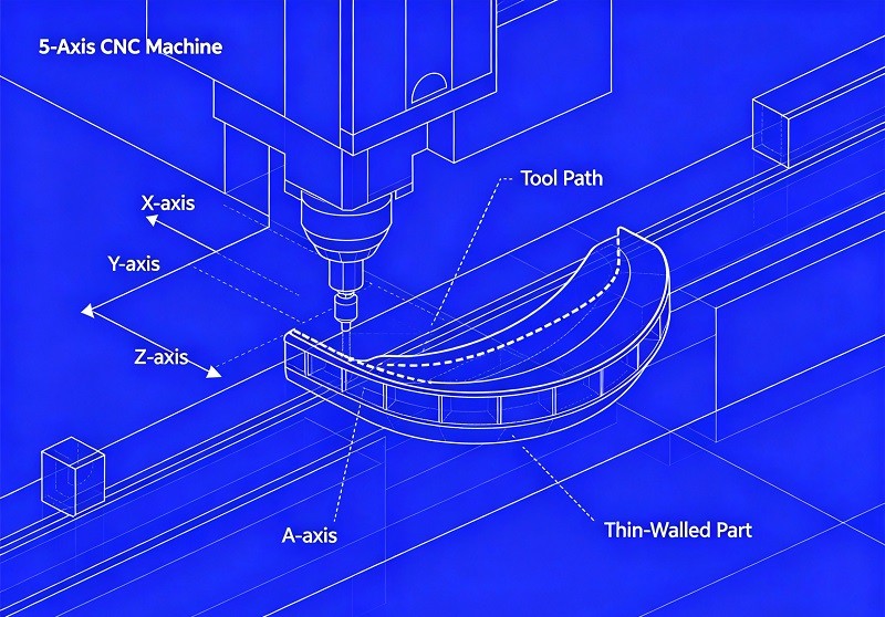 A 5-axis CNC machine working on a complex aerospace component