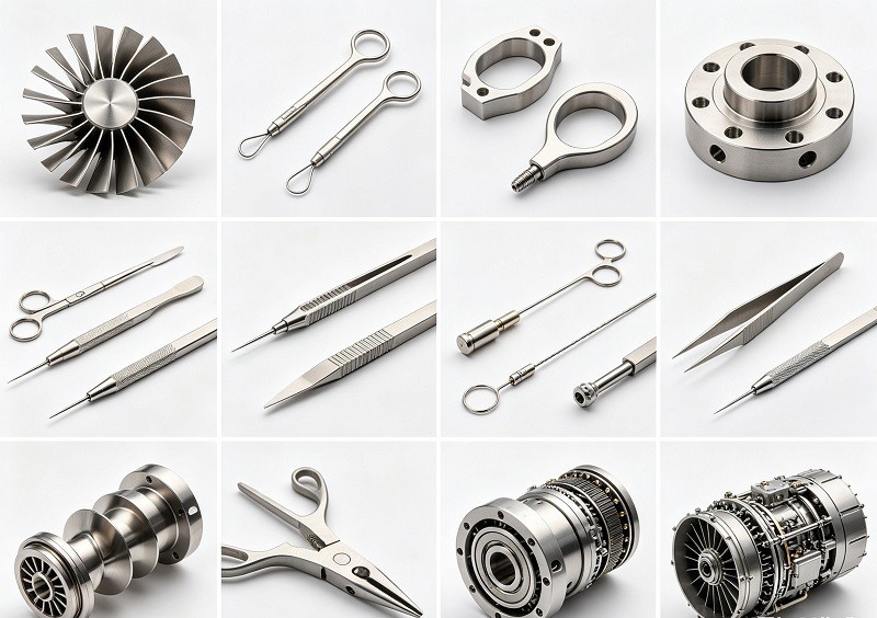A collage showing complex parts for aerospace, medical, and automotive industries