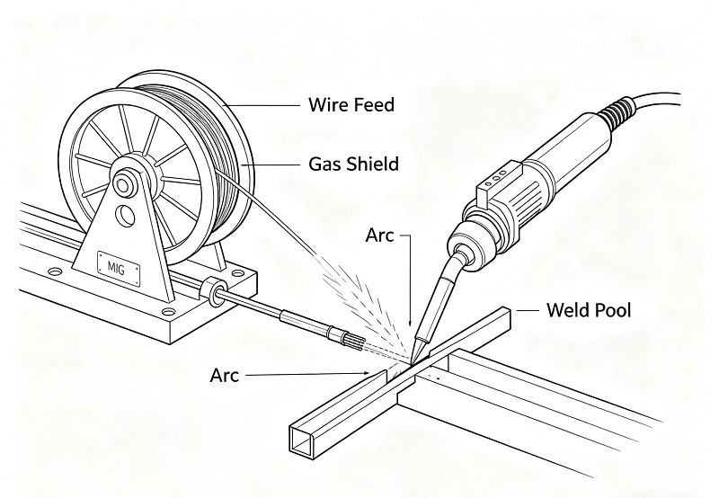 A welder performing stick welding on a structural steel beam, with bright sparks from the electric arc.