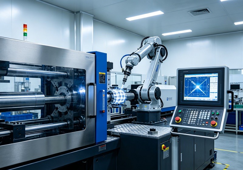 Quality control engineer inspecting custom plastic parts with a caliper