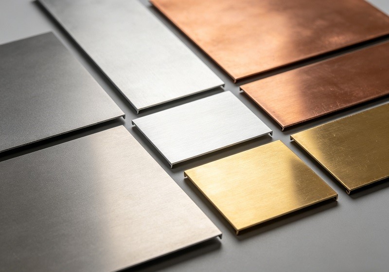 A collage of different sheet metal materials like steel, aluminum, and copper