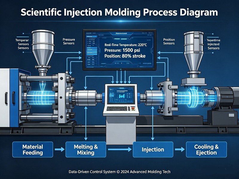 A quality control inspector using a coordinate measuring machine (CMM) to inspect a custom plastic part.