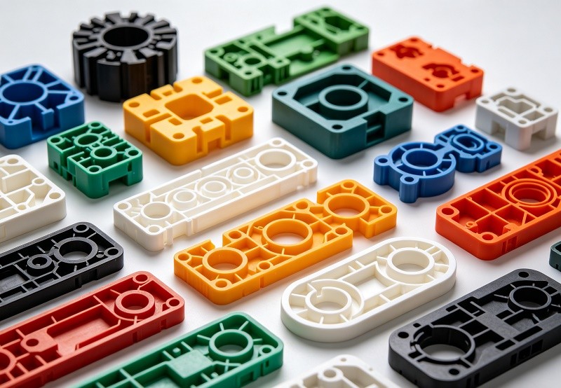 Array of colorful and complex custom plastic injection molded parts