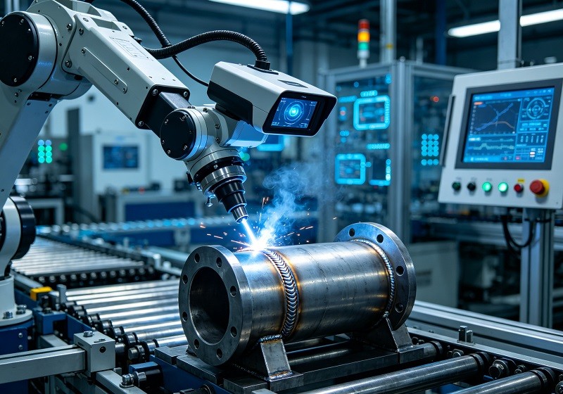 Robotic arm performing a quality control scan on a welded component