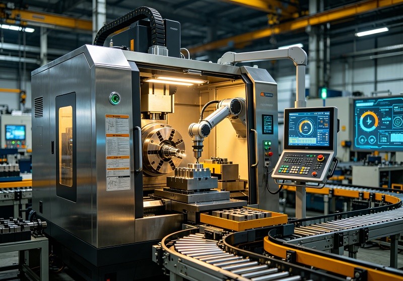 A futuristic CNC machine with data overlays indicating AI analysis