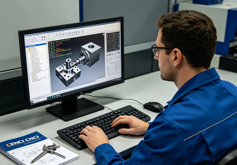 A quality control inspector using a CMM machine to measure a complex aerospace part with precision.