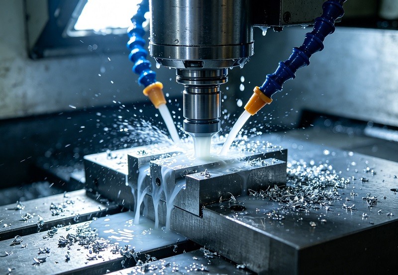 A modern 5-axis CNC machining center with its doors open, showing a complex aerospace component being machined.