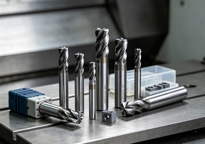 Infographic showing different types of tool wear: flank wear, crater wear, notching, and thermal cracking on a cutting tool insert.