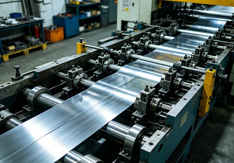 Illustration of a metal strip moving through a progressive stamping die with multiple stations