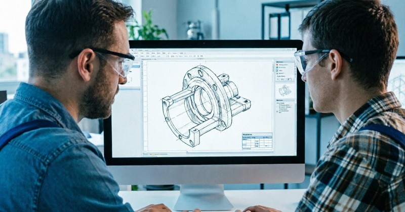 Two engineers collaborating over a technical drawing of a metal part on a computer screen