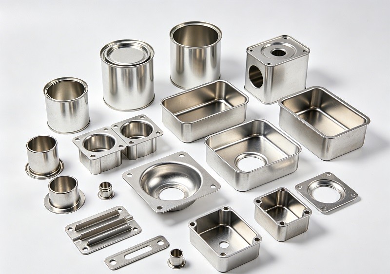 An assortment of deep drawn metal stamped parts showcasing various shapes and sizes