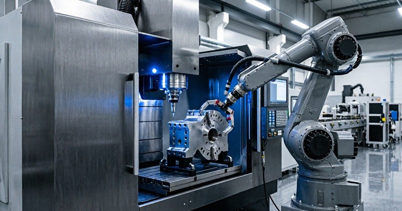 A CMM machine inspecting a complex CNC machined part