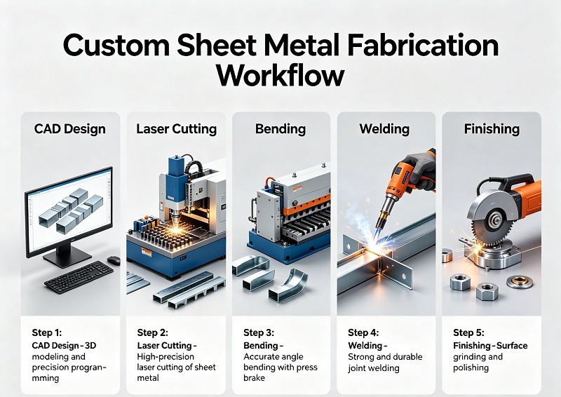 A diagram showing the process of custom sheet metal fabrication from design to joining