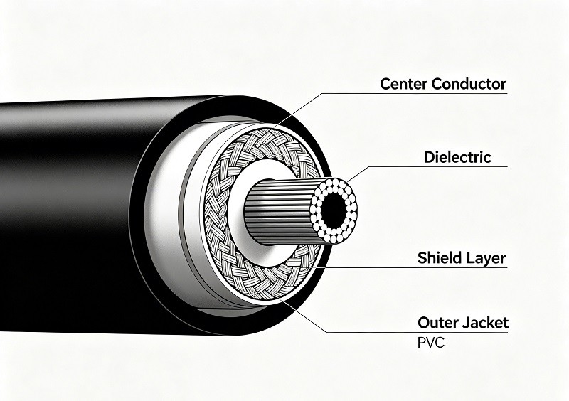 Anatomy of a coaxial cable showing the center conductor, dielectric, shield, and outer jacket.