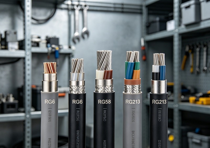 A collection of different RG-type coaxial cables, including RG6, RG58, and RG213.