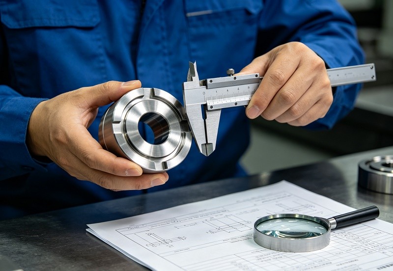 A quality control inspector using a CMM machine to measure a precision CNC turned part.
