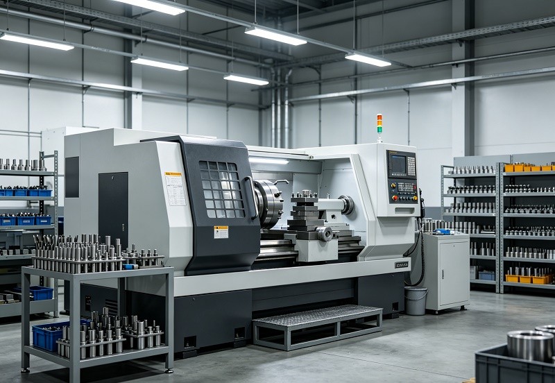 A CNC machine in operation, showing the precision cutting of a metal part.