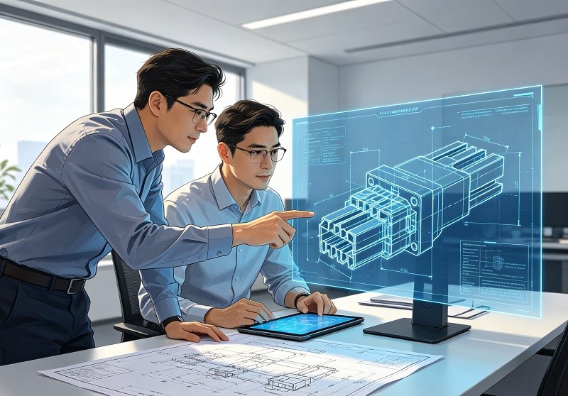 Engineers collaborating over a technical drawing of a custom CATV connector.