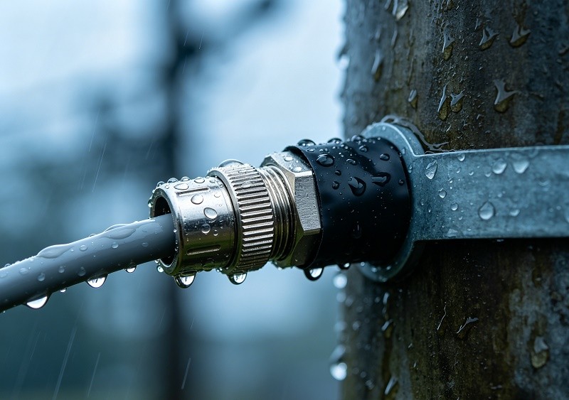 A close-up of a weather-proofed CATV connector on an aerial cable, showing signs of resilience against the elements.