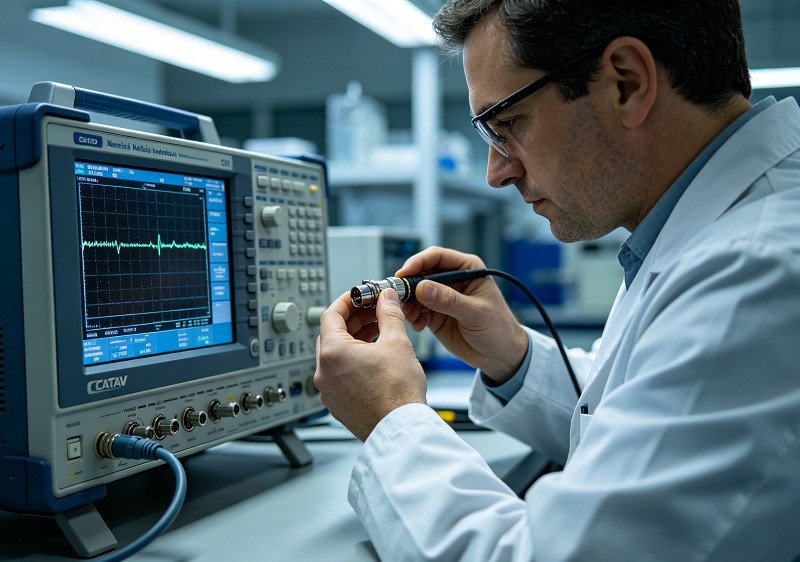A technician carefully testing CATV connectors with specialized equipment in a lab environment.