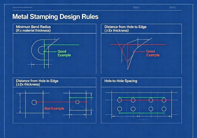 A diagram illustrating key design rules for metal stamping, showing minimum bend radius, hole spacing, and bend relief.