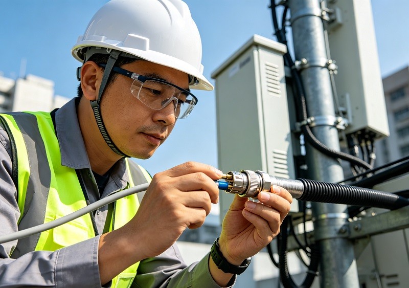 A network engineer inspecting a hardline connector on an outdoor tap
