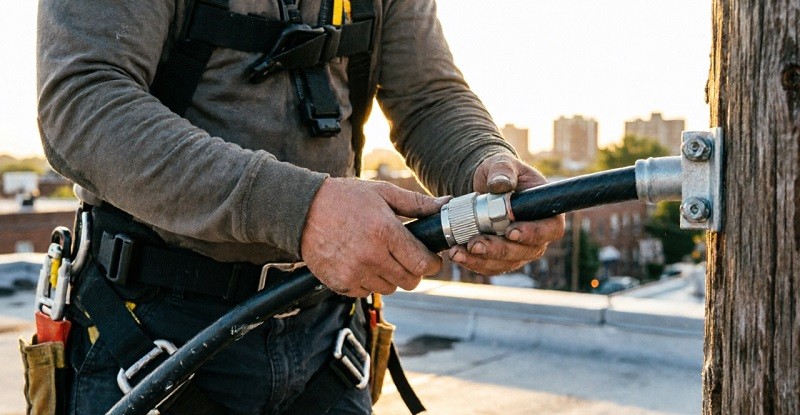 A CATV technician working on a hardline cable splitter