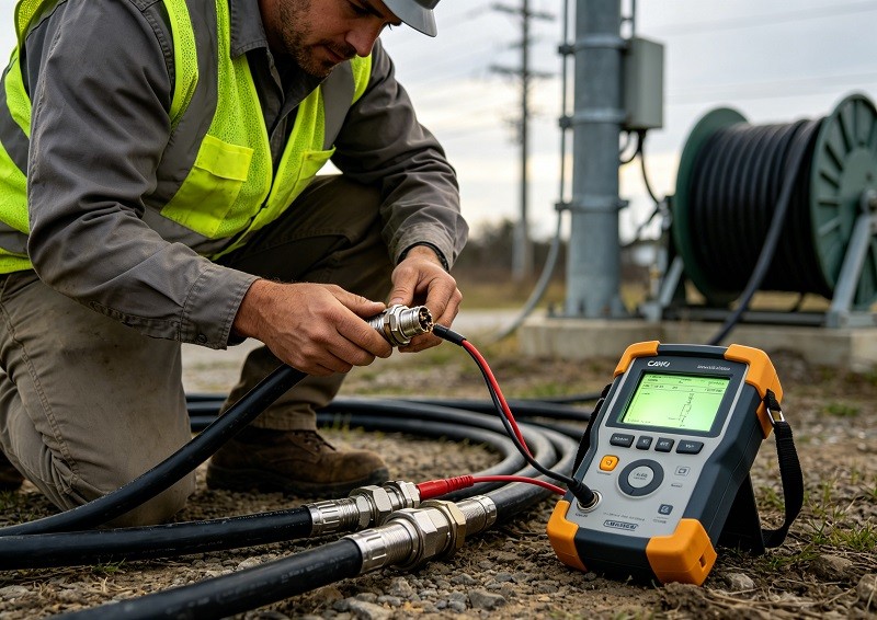 Technician using a signal level meter to test a CATV line