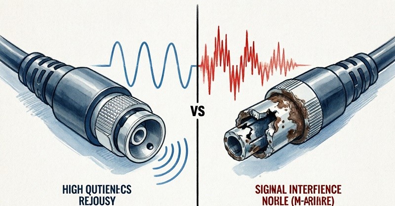 A side-by-side comparison of a robust N-type connector and a standard F-type connector.
