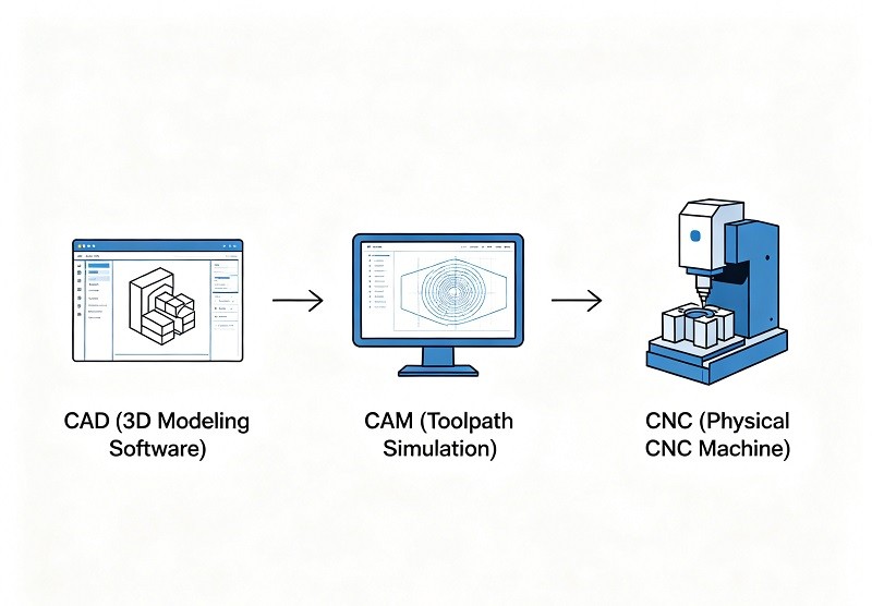 CAD to CAM to CNC Workflow A flowchart showing the workflow from CAD design to CAM toolpath generation and finally to G-code for the CNC machine
