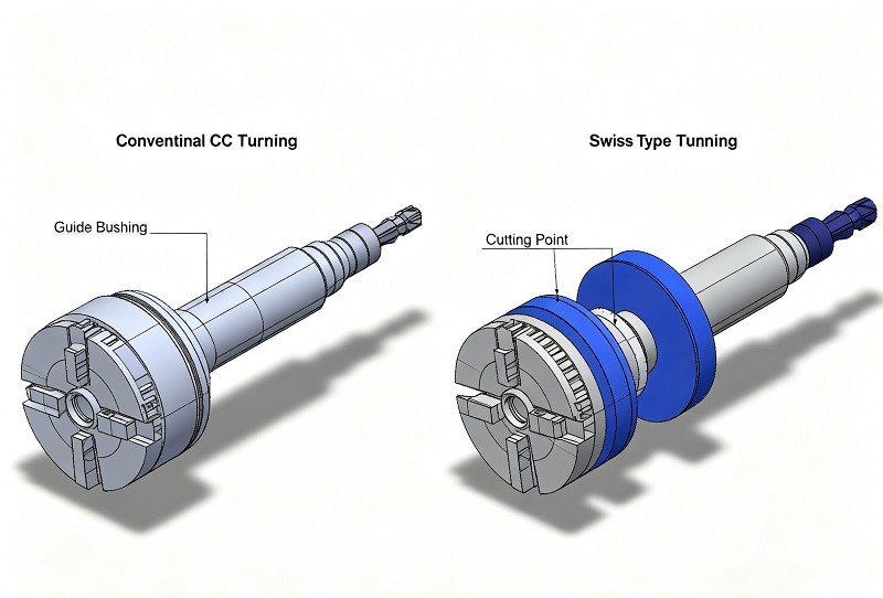 Swiss-Type Turning vs. Conventional Turning Mechanism Diagram comparing conventional turning with Swiss-type turning, highlighting the guide bushing