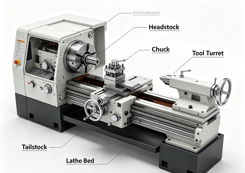 Key Components of a CNC Lathe An illustration showing the main components of a CNC lathe, including the headstock, chuck, tool turret, tailstock, and bed