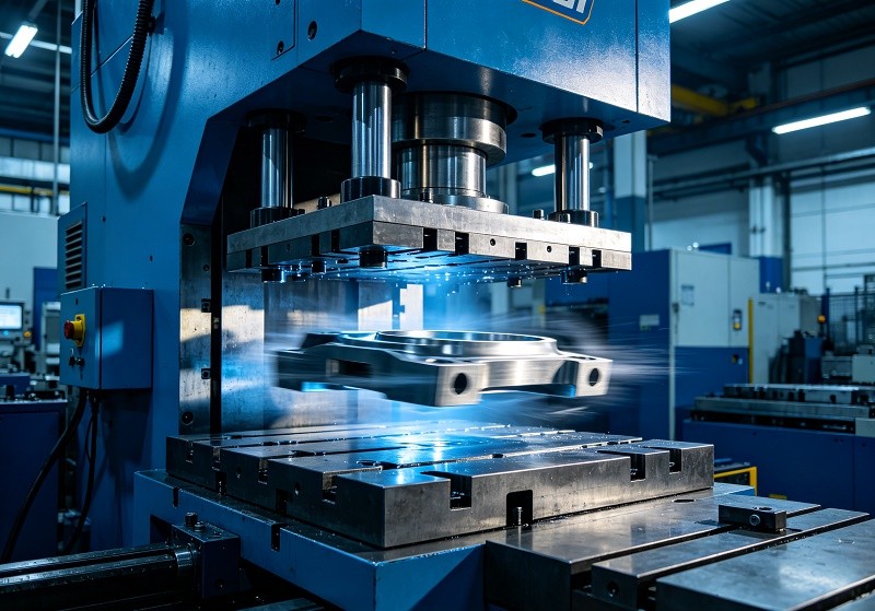 A state-of-the-art hydraulic stamping press in a clean manufacturing facility.