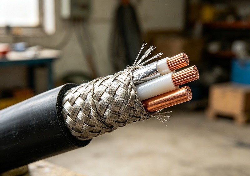 An organized layout of tools including a coaxial cable stripper, compression tool, and cable cutter.
