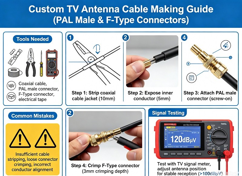 A workspace showing coaxial cable, PAL and F-type connectors, and various tools.