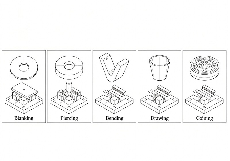 A collage of images illustrating different stamping methods: blanking, piercing, bending, drawing, and coining