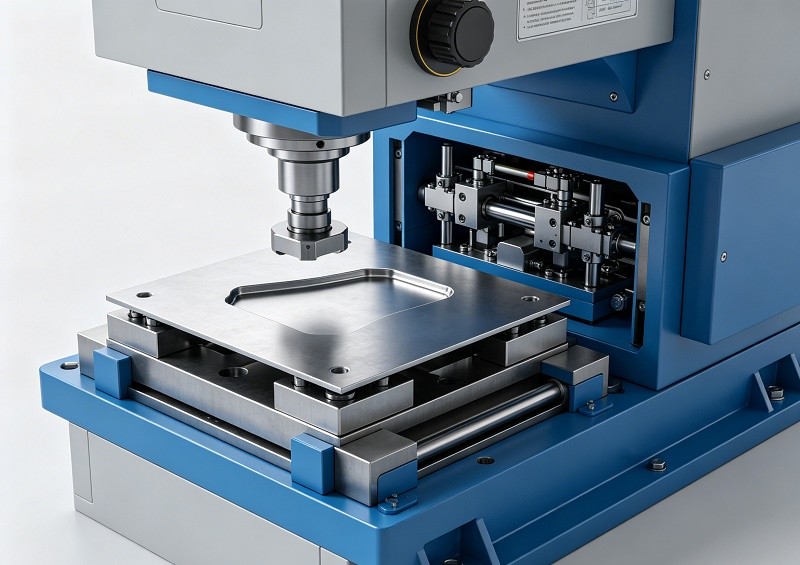 A diagram showing the basic components of sheet metal stamping: a press, a die, and a metal sheet