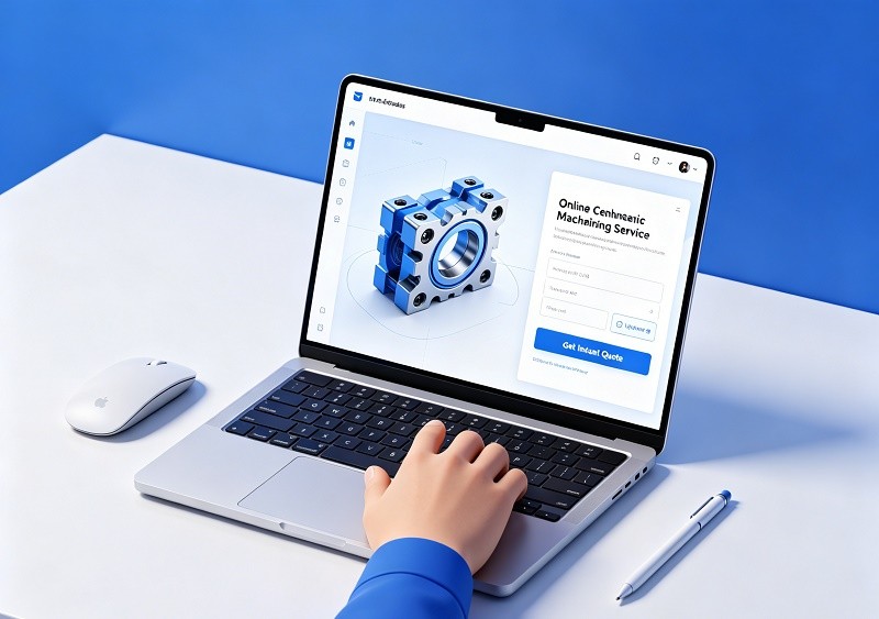 A user uploading a 3D CAD file to an online CNC machining service on a laptop screen