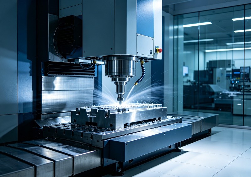 A high-tech 5-axis CNC machining center in a clean, modern facility