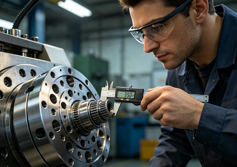 A skilled machinist inspecting a complex CNC turned part with calipers